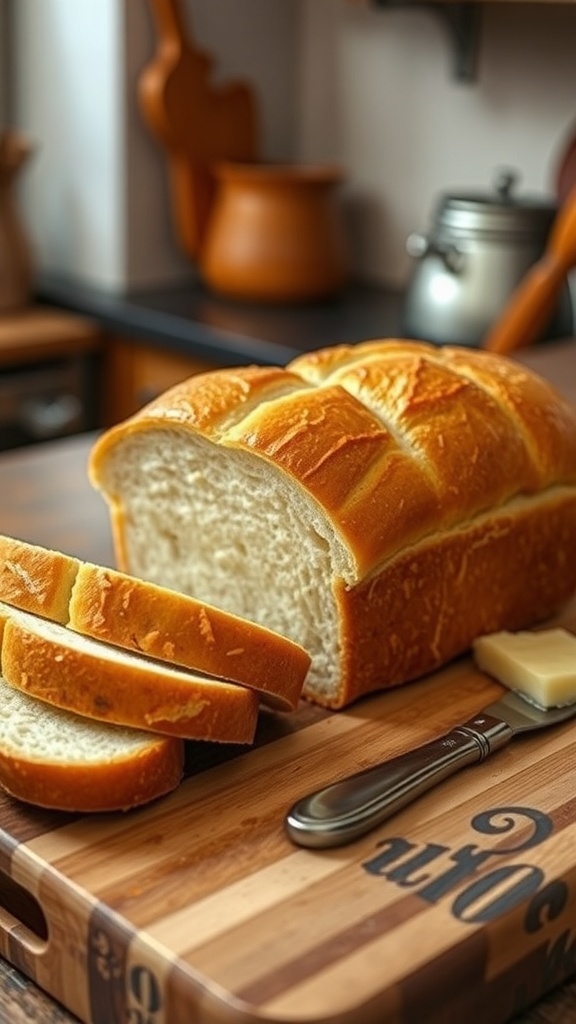 Homemade Sandwich Bread Recipe A golden brown loaf of homemade sandwich bread sliced on a wooden board, with soft fluffy texture visible.